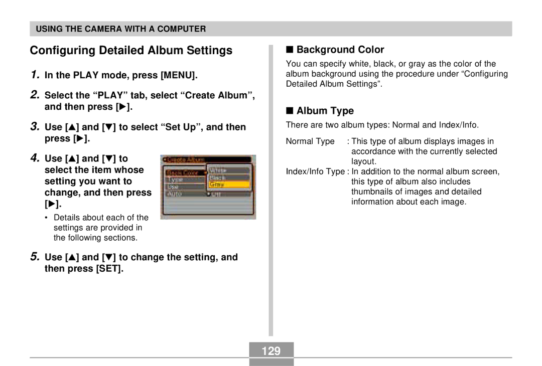 Casio EX-S3 manual Configuring Detailed Album Settings, 129, Background Color, Album Type 