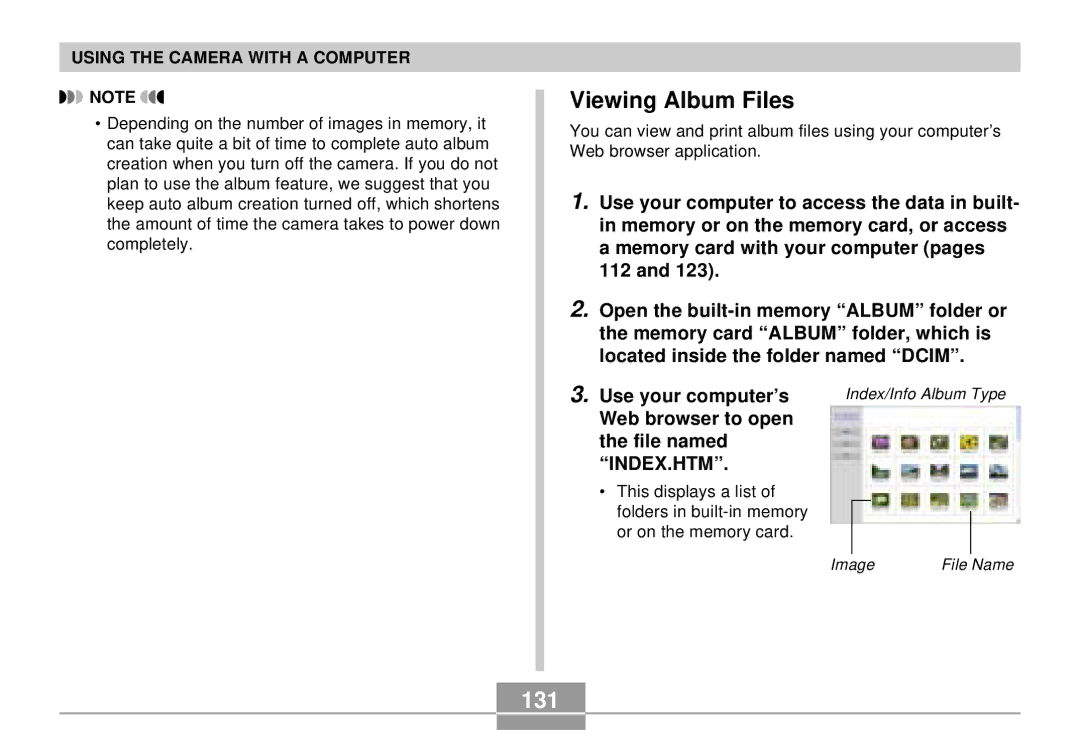 Casio EX-S3 manual Viewing Album Files, 131, Web browser to open File named 