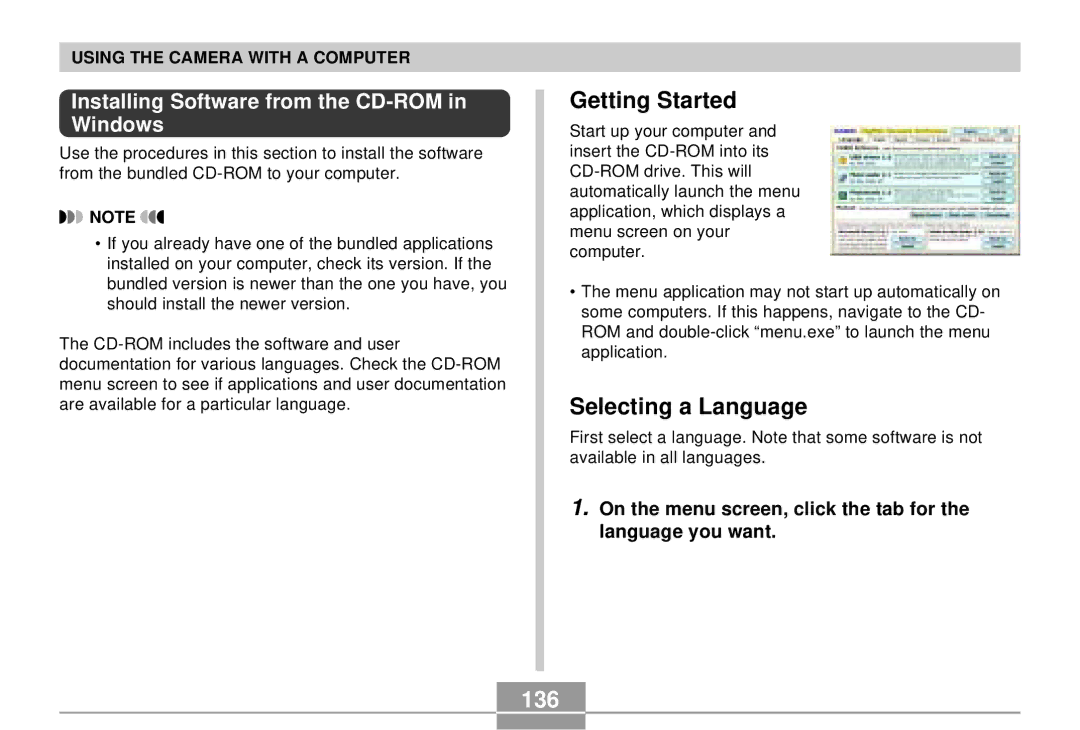 Casio EX-S3 manual Getting Started, Selecting a Language, 136, Installing Software from the CD-ROM in Windows 