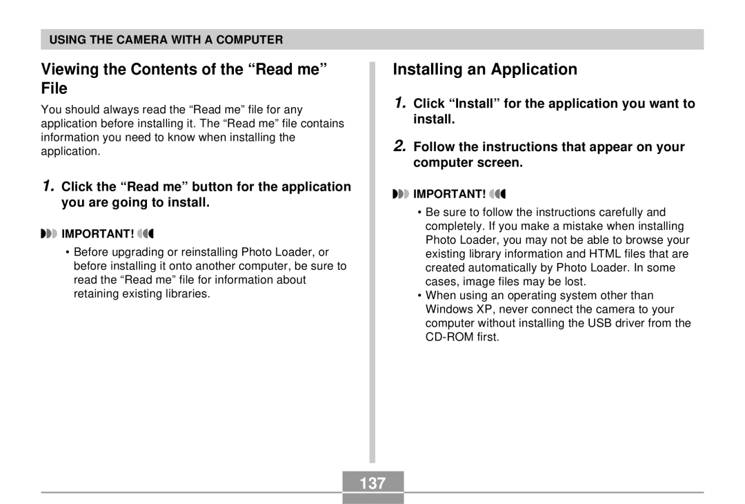 Casio EX-S3 manual Viewing the Contents of the Read me File, Installing an Application, 137 