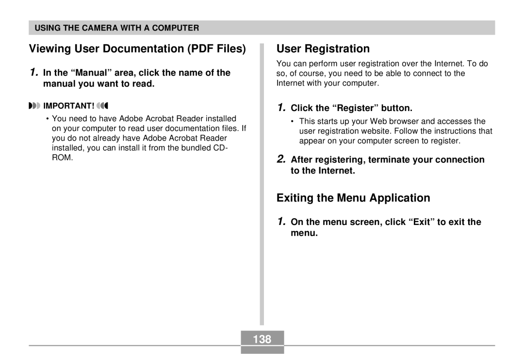 Casio EX-S3 manual User Registration, Exiting the Menu Application, 138 