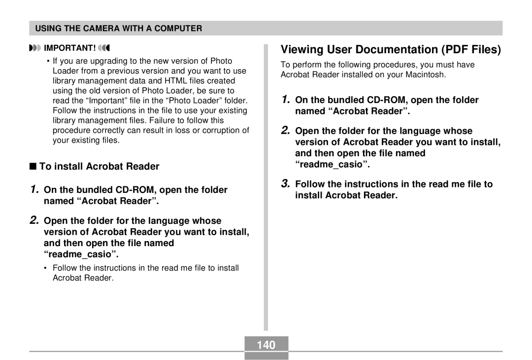 Casio EX-S3 manual 140, To install Acrobat Reader 