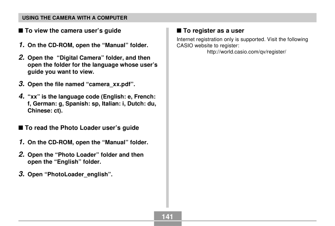 Casio EX-S3 manual 141, To view the camera user’s guide, To read the Photo Loader user’s guide, To register as a user 