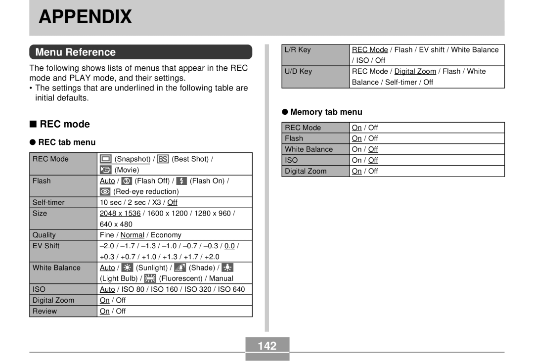 Casio EX-S3 manual Appendix, 142, Menu Reference, REC mode 