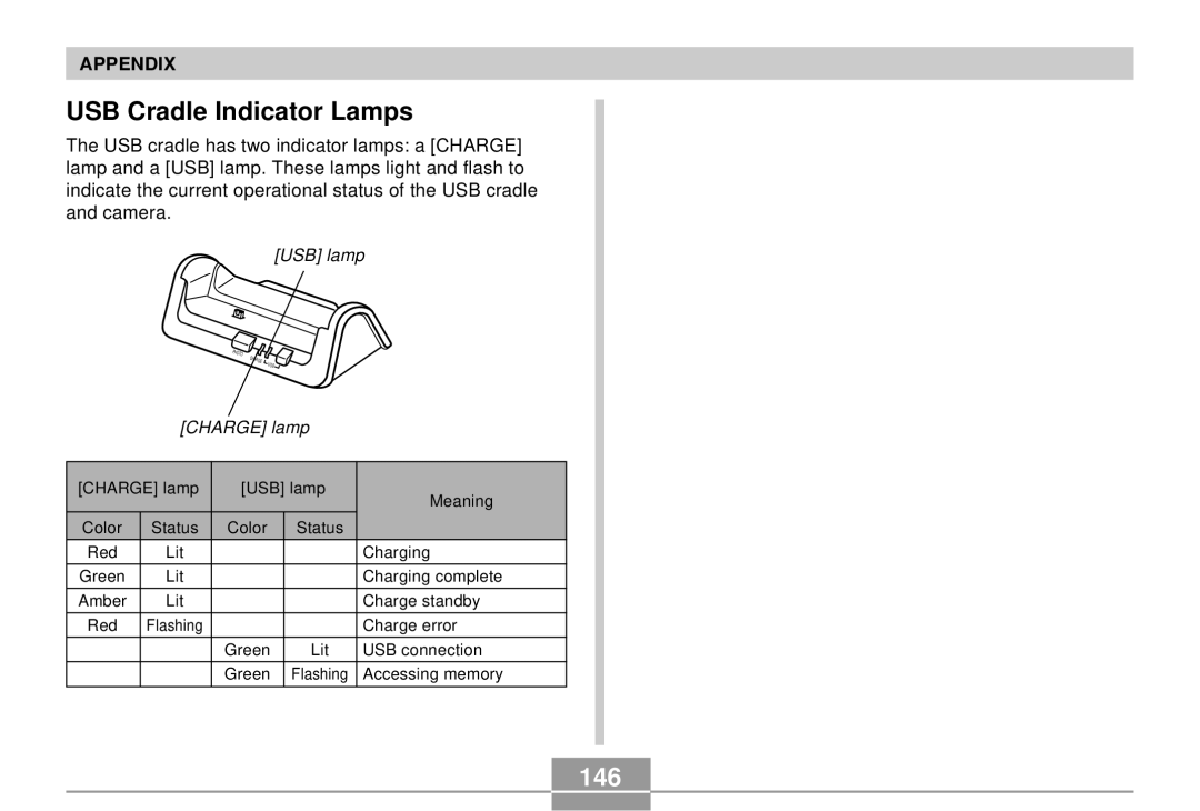 Casio EX-S3 manual USB Cradle Indicator Lamps, 146 