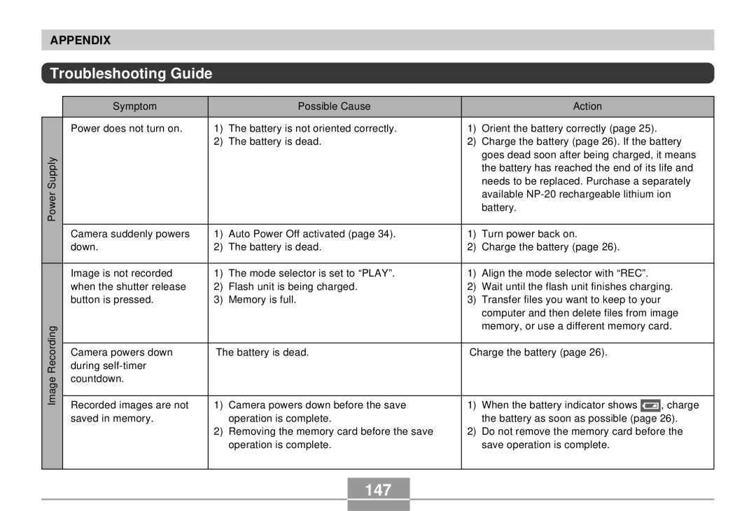 Casio EX-S3 manual 147, Troubleshooting Guide 