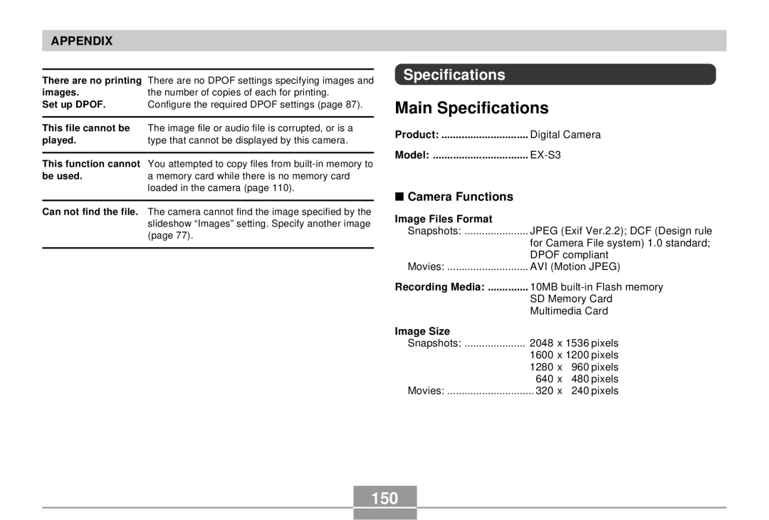 Casio EX-S3 manual Main Specifications, 150, Camera Functions 