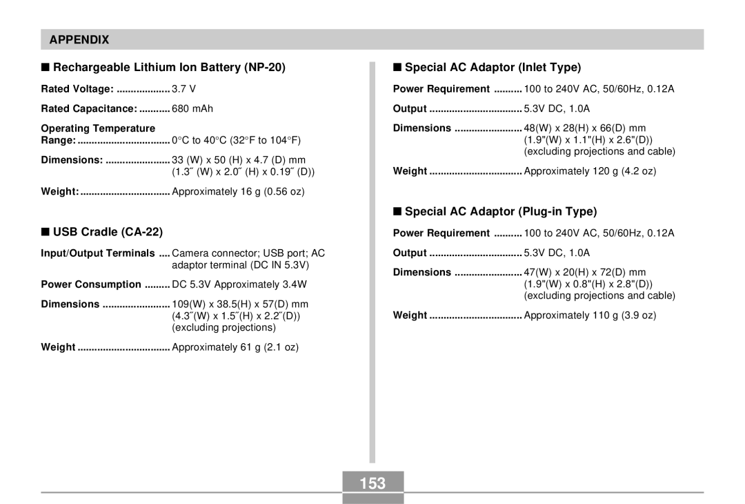 Casio EX-S3 manual 153, Rechargeable Lithium Ion Battery NP-20, USB Cradle CA-22, Special AC Adaptor Inlet Type 