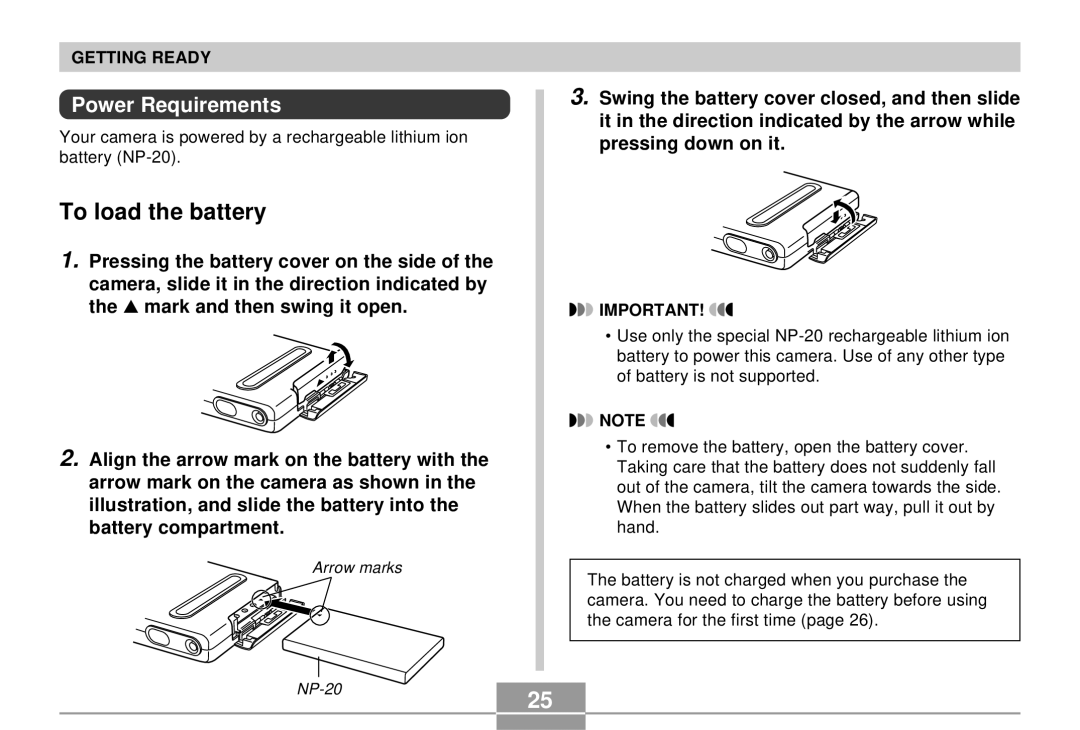 Casio EX-S3 manual To load the battery, Power Requirements 