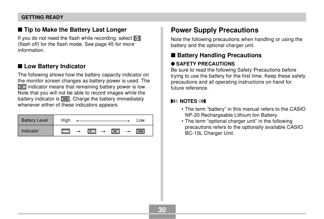 Casio EX-S3 manual Power Supply Precautions, Tip to Make the Battery Last Longer, Low Battery Indicator 