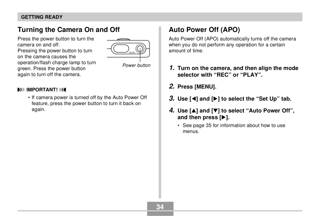 Casio EX-S3 Turning the Camera On and Off Auto Power Off APO, Turn on the camera, and then align the mode, Press Menu 