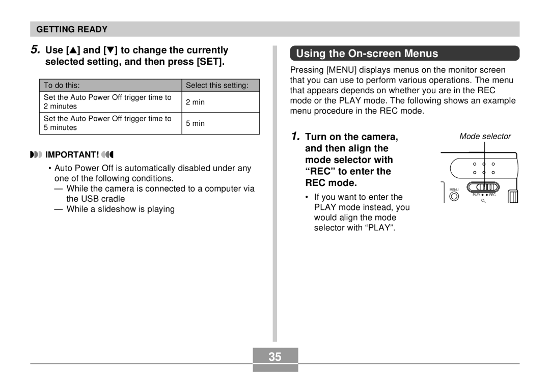 Casio EX-S3 manual Using the On-screen Menus, Turn on the camera, Then align Mode selector with REC to enter REC mode 