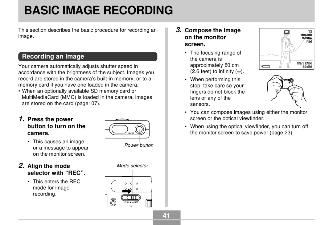 Casio EX-S3 manual Basic Image Recording, Recording an Image, Compose the image On the monitor, Screen 