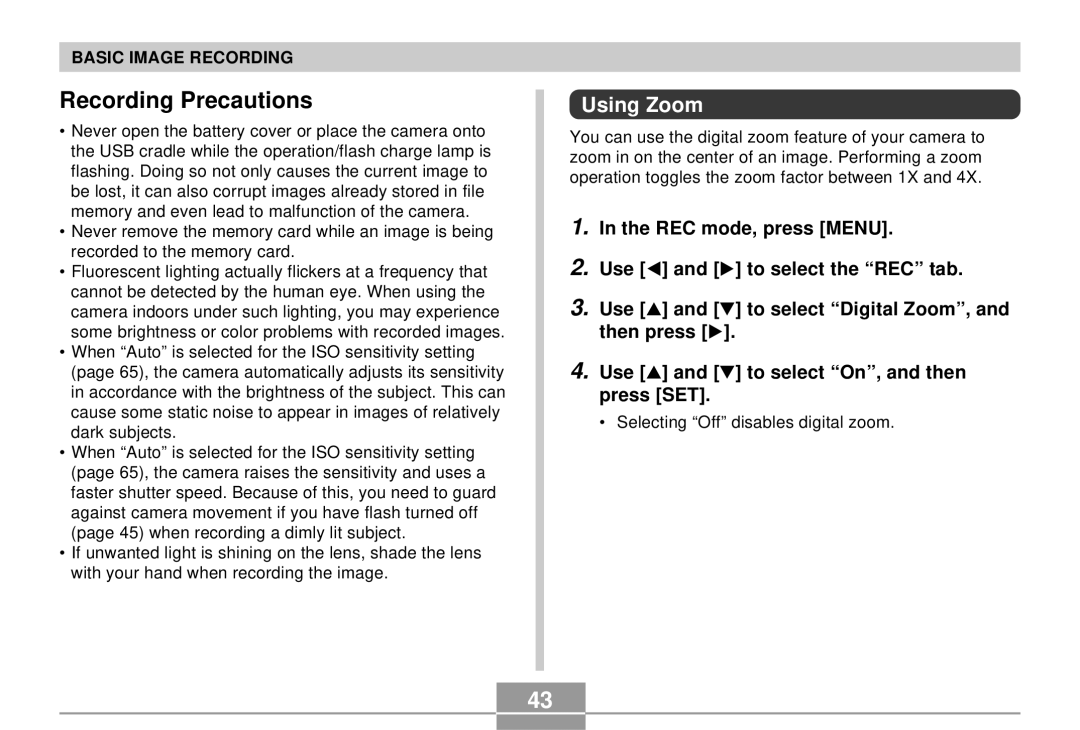 Casio EX-S3 manual Recording Precautions, Using Zoom 