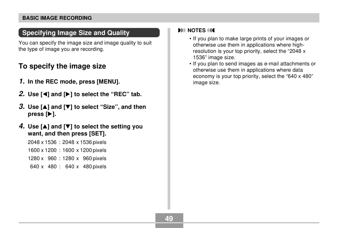 Casio EX-S3 manual To specify the image size, Specifying Image Size and Quality 