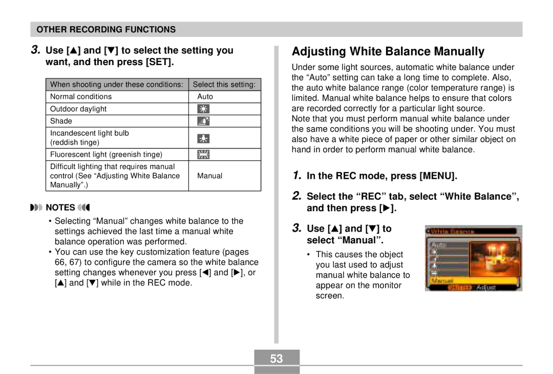 Casio EX-S3 manual Adjusting White Balance Manually, Use and to select the setting you want, and then press SET 