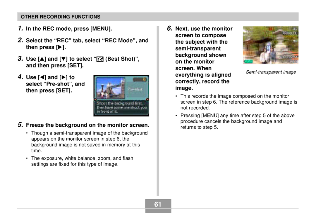 Casio EX-S3 manual REC mode, press Menu, Select the REC tab, select REC Mode, Freeze the background on the monitor screen 