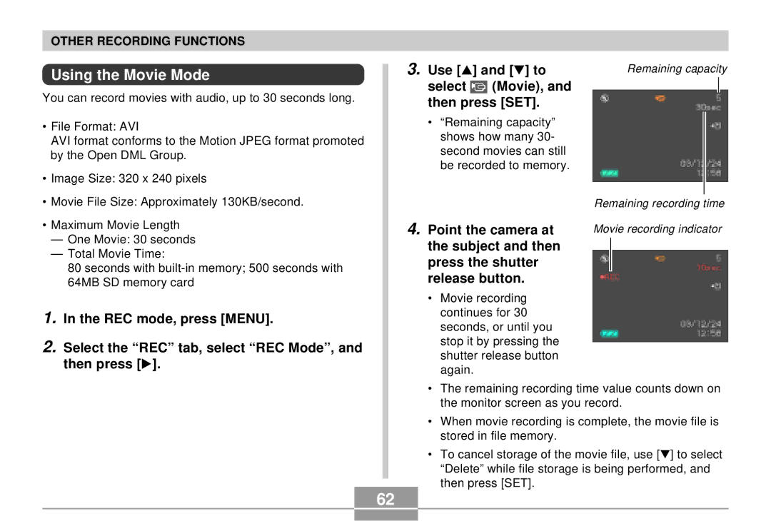 Casio EX-S3 manual Using the Movie Mode, Select Movie, Then press SET, Point the camera at 