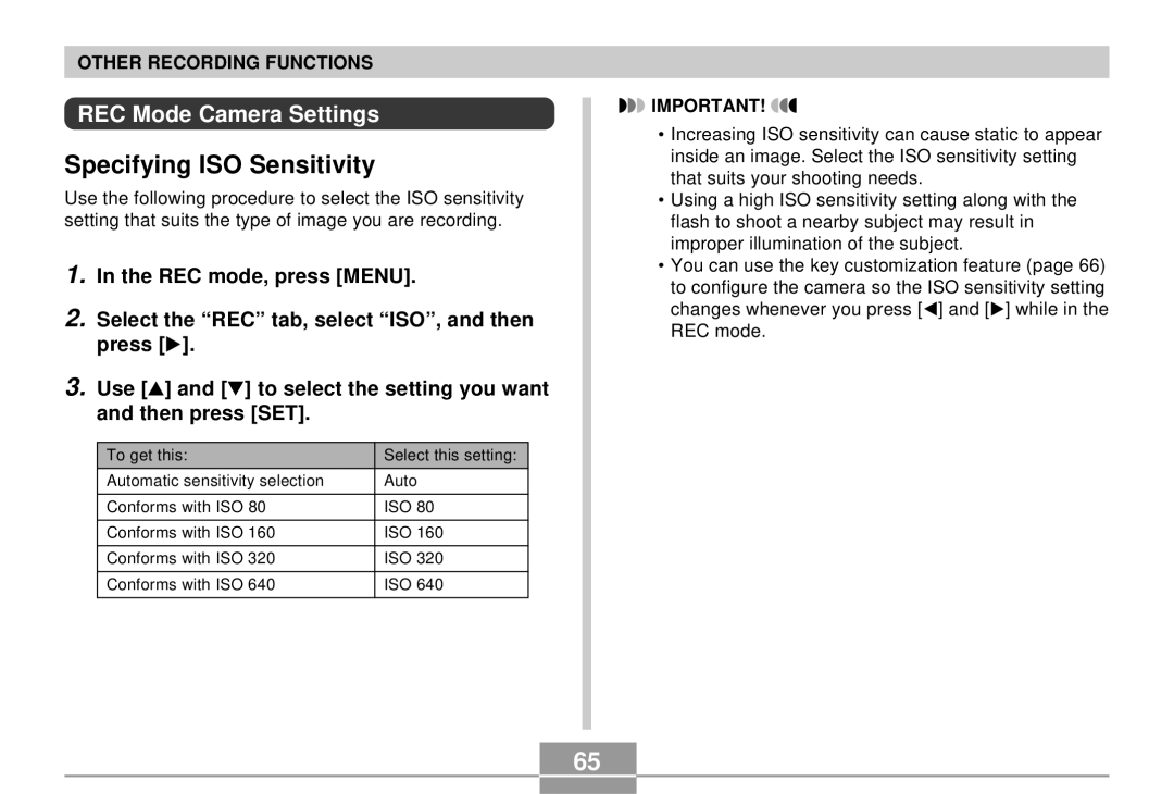 Casio EX-S3 manual Specifying ISO Sensitivity, REC Mode Camera Settings 