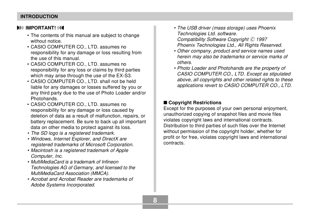 Casio EX-S3 manual SD logo is a registered trademark, Copyright Restrictions 