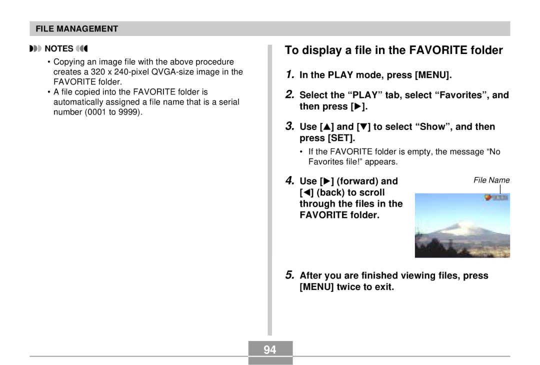 Casio EX-S3 manual To display a file in the Favorite folder, Use forward 