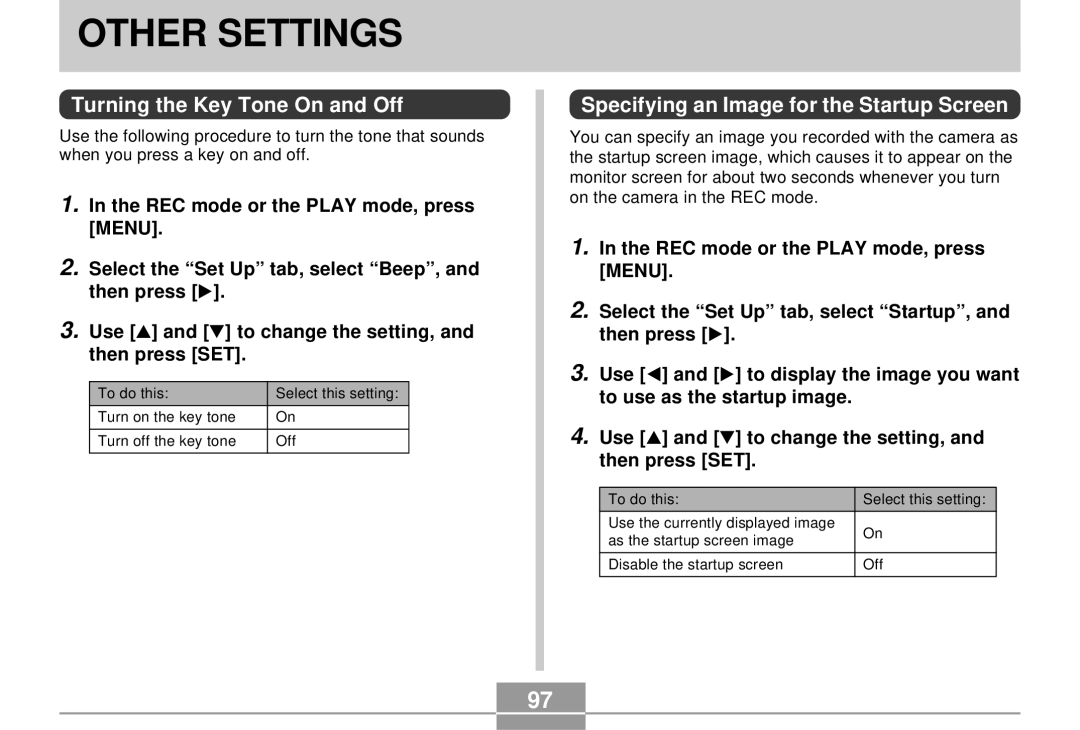 Casio EX-S3 manual Other Settings, Turning the Key Tone On and Off, Specifying an Image for the Startup Screen 