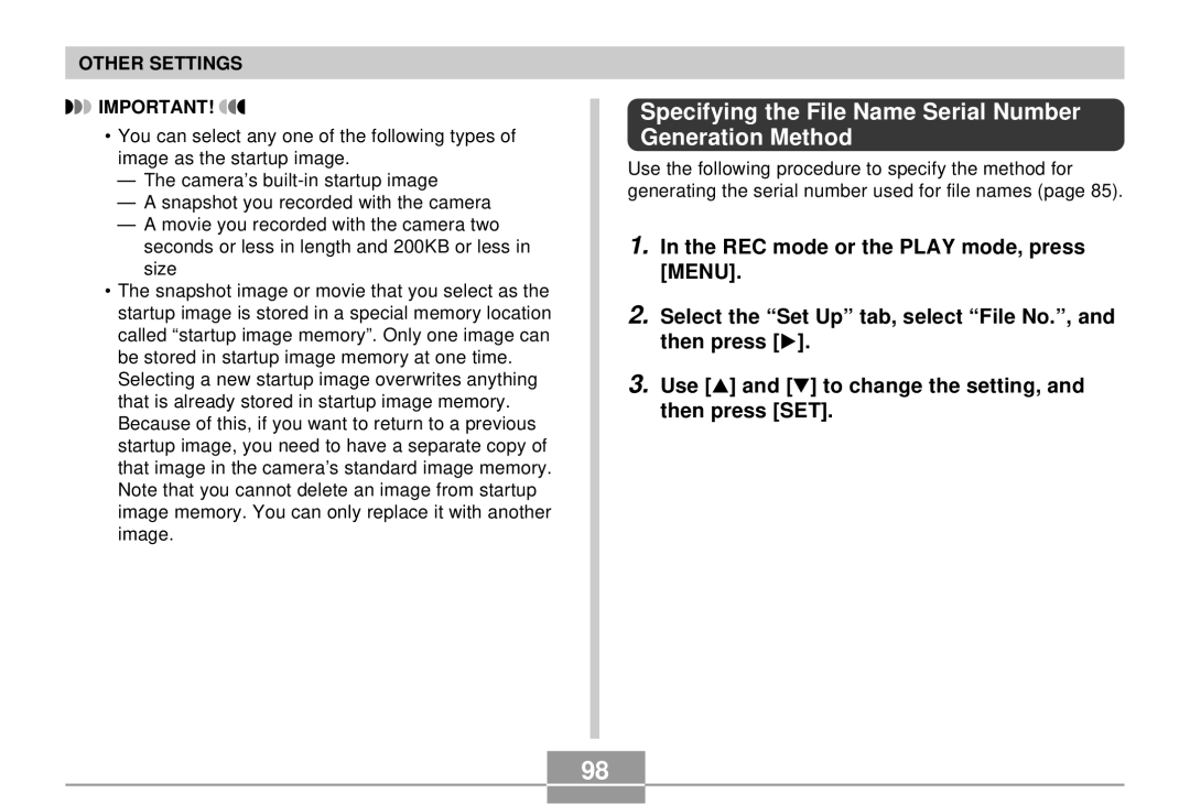 Casio EX-S3 manual Specifying the File Name Serial Number Generation Method 