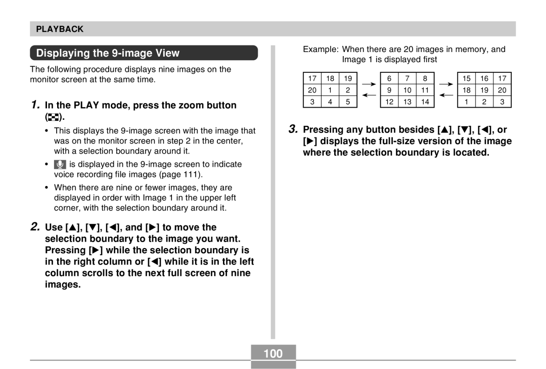 Casio EX-Z30 manual 100, Displaying the 9-image View, Play mode, press the zoom button 