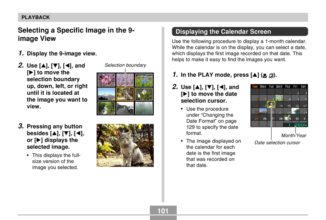 Casio EX-Z30 manual Selecting a Specific Image in the 9- image View, 101, Displaying the Calendar Screen 