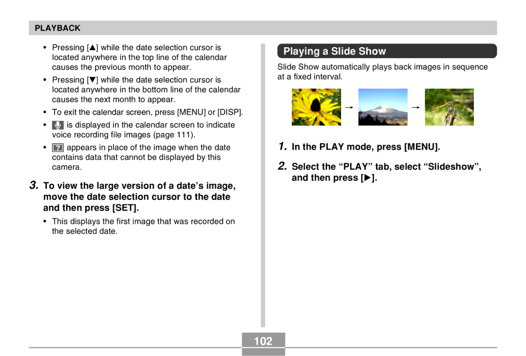 Casio EX-Z30 manual 102, Playing a Slide Show 