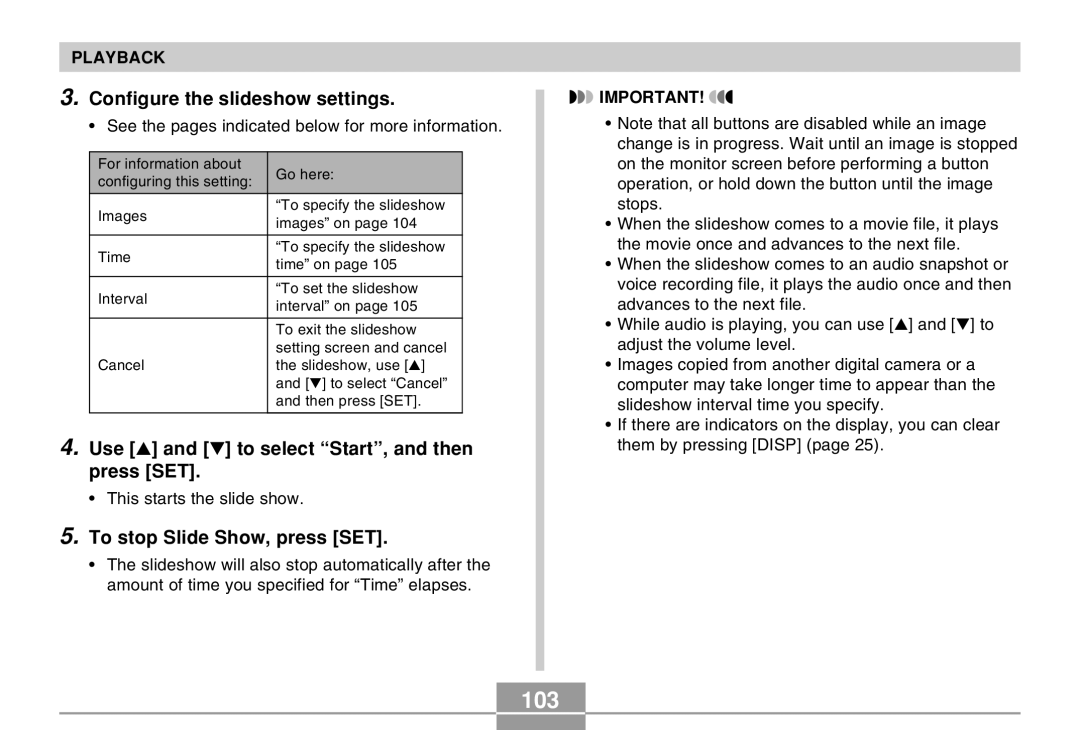 Casio EX-Z30 manual 103, Configure the slideshow settings, Use and to select Start, and then press SET 