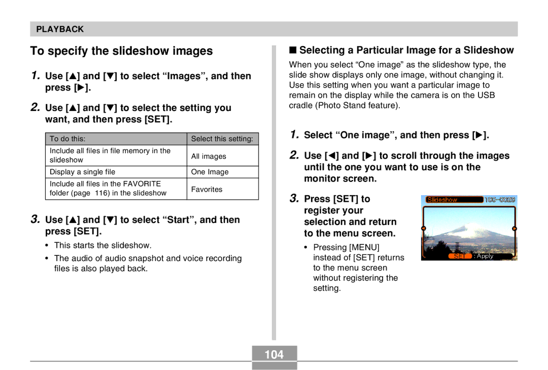 Casio EX-Z30 manual To specify the slideshow images, 104, Selecting a Particular Image for a Slideshow 