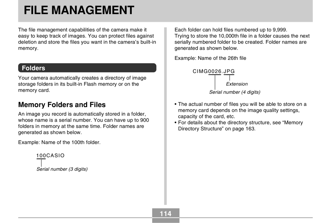 Casio EX-Z30 manual File Management, Memory Folders and Files, 114 