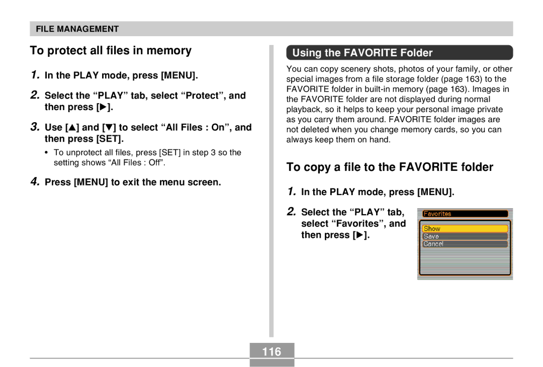 Casio EX-Z30 manual To protect all files in memory, To copy a file to the Favorite folder, 116, Using the Favorite Folder 