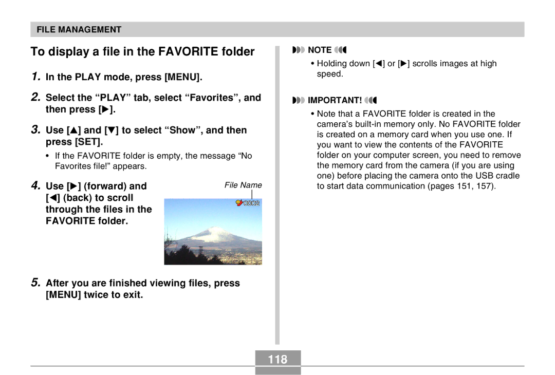 Casio EX-Z30 manual To display a file in the Favorite folder, 118, Use forward 