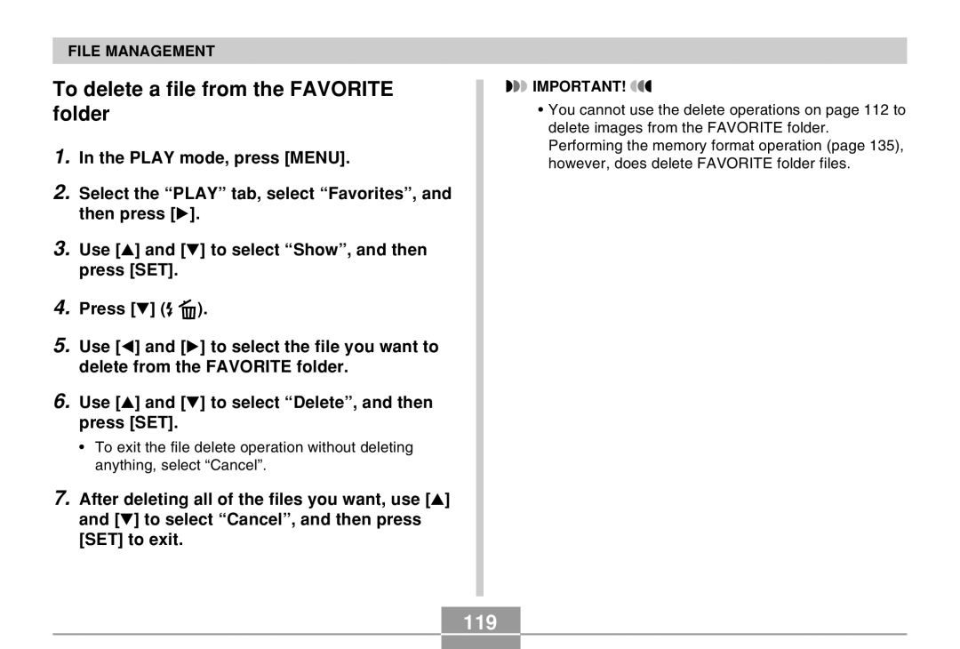 Casio EX-Z30 manual To delete a file from the Favorite folder, 119 