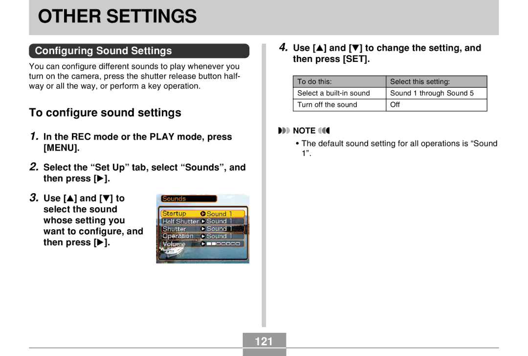 Casio EX-Z30 manual Other Settings, To configure sound settings, 121, Configuring Sound Settings 