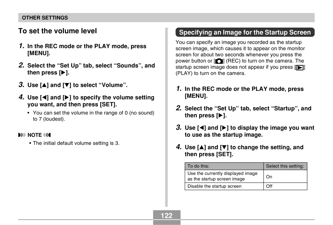 Casio EX-Z30 manual To set the volume level, 122, Specifying an Image for the Startup Screen 