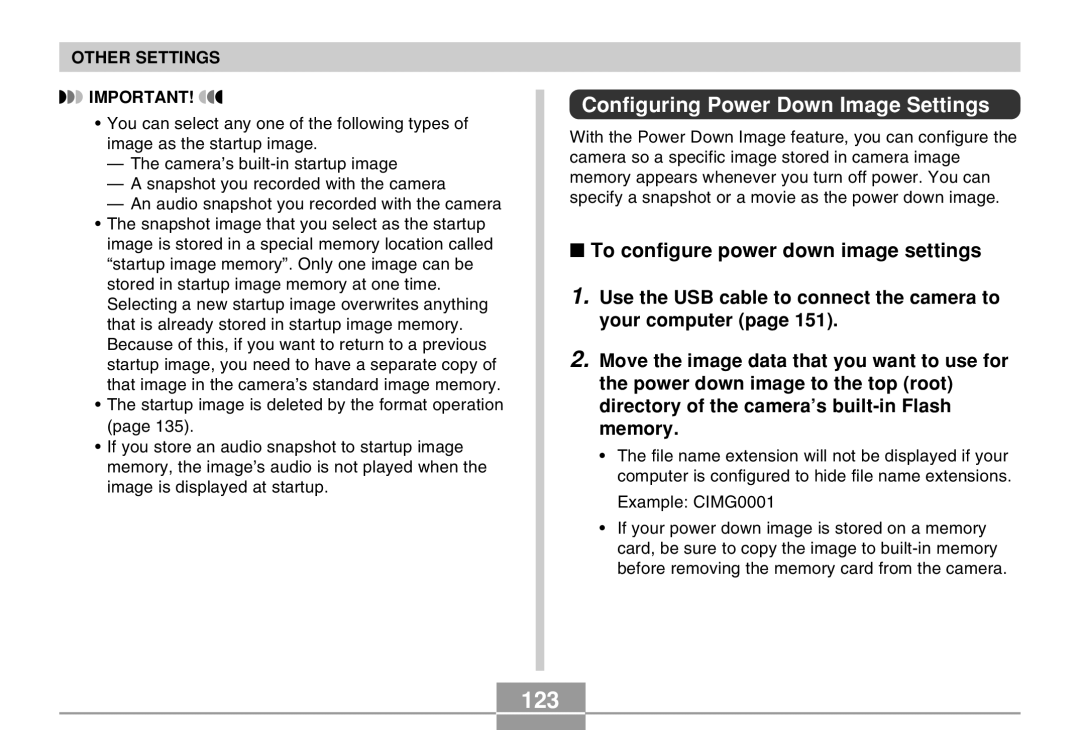 Casio EX-Z30 manual 123, Configuring Power Down Image Settings, To configure power down image settings 