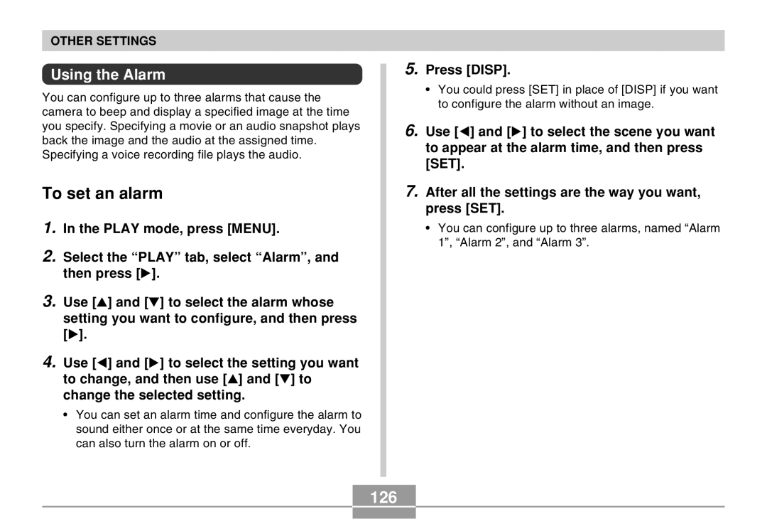 Casio EX-Z30 manual To set an alarm, 126, Using the Alarm, Press Disp 