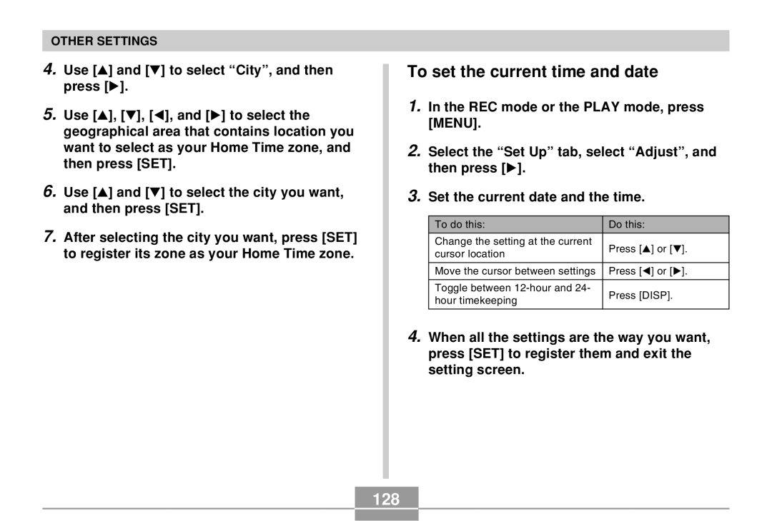 Casio EX-Z30 manual To set the current time and date, 128 