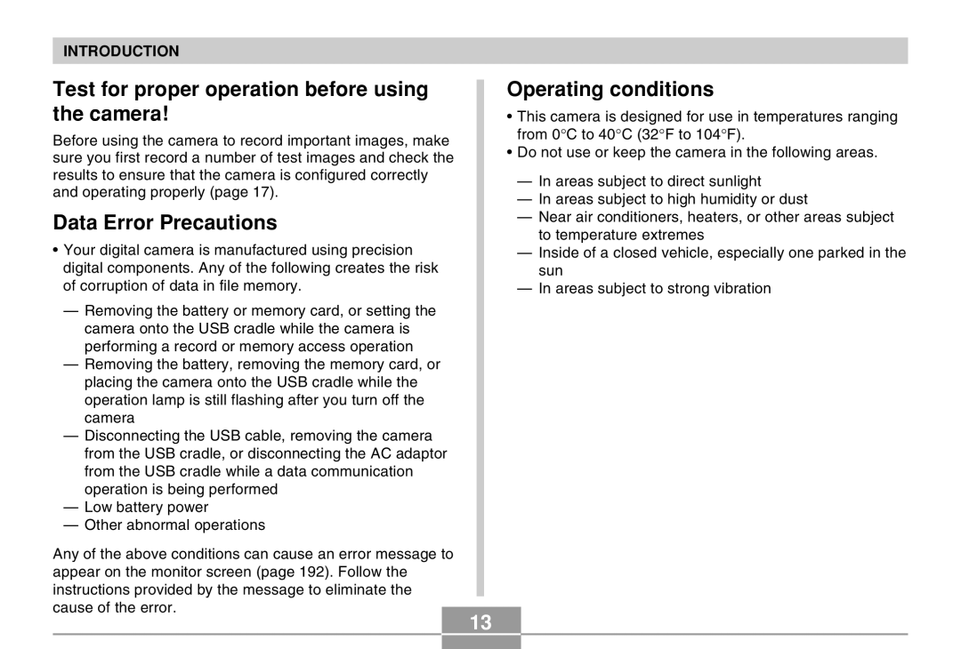 Casio EX-Z30 manual Test for proper operation before using the camera, Data Error Precautions, Operating conditions 