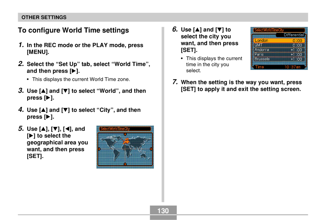 Casio EX-Z30 manual To configure World Time settings, 130 