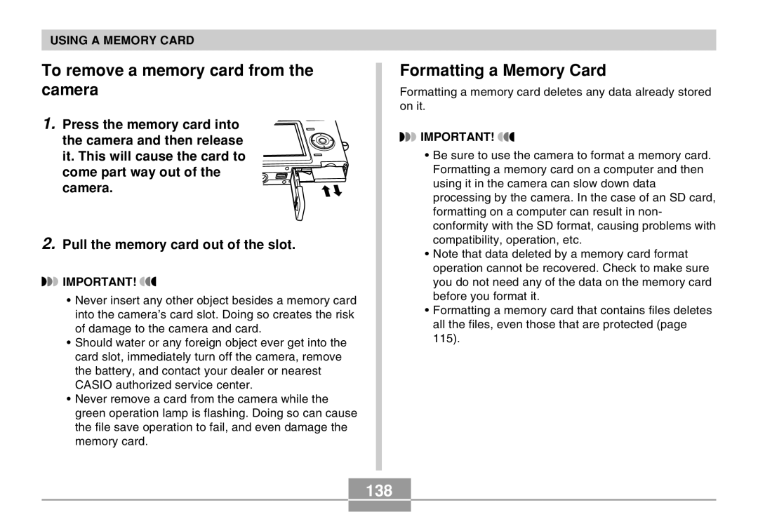 Casio EX-Z30 manual To remove a memory card from the camera, Formatting a Memory Card, 138 