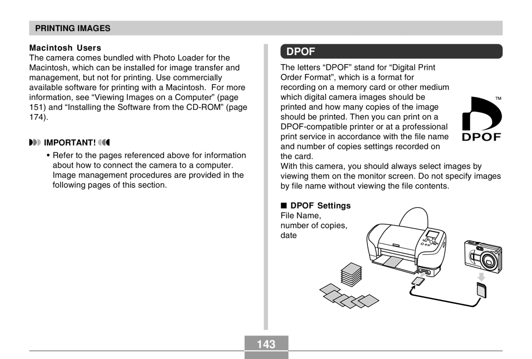 Casio EX-Z30 manual 143, Macintosh Users, Dpof Settings File Name, number of copies 