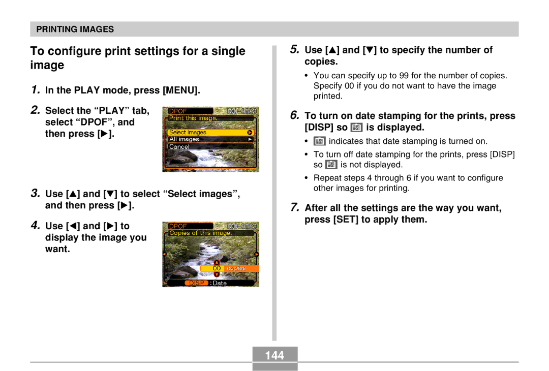 Casio EX-Z30 manual To configure print settings for a single image, 144 