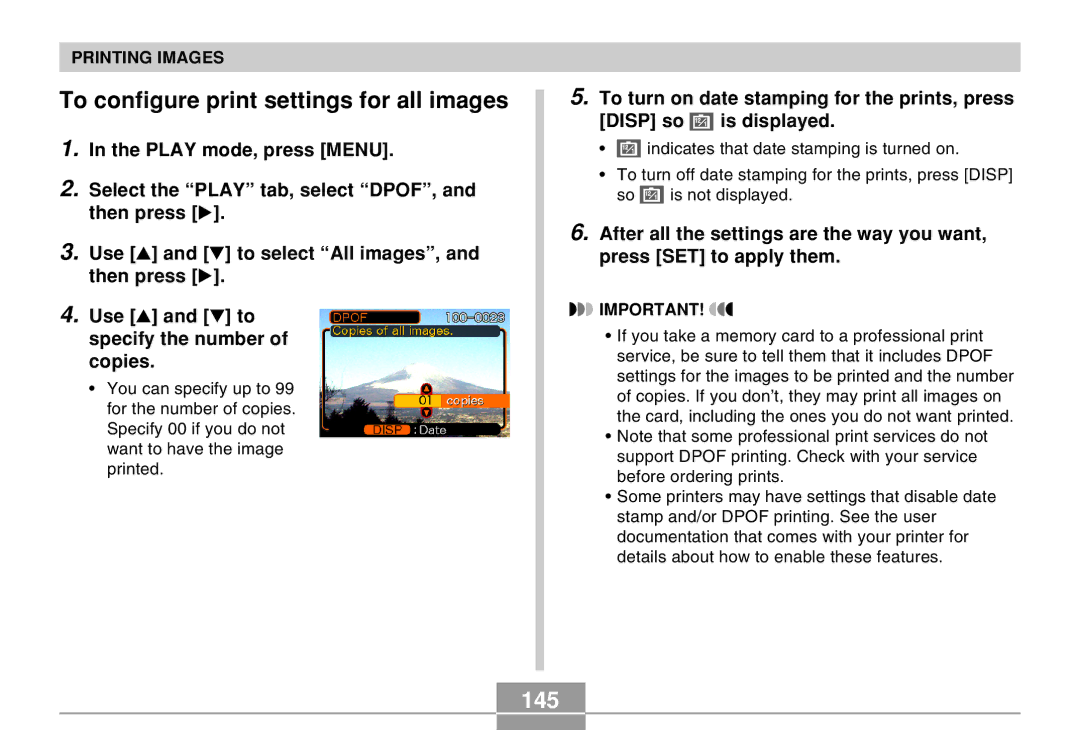 Casio EX-Z30 manual To configure print settings for all images, 145 