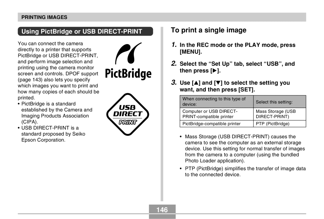 Casio EX-Z30 manual To print a single image, 146, Using PictBridge or USB DIRECT-PRINT 