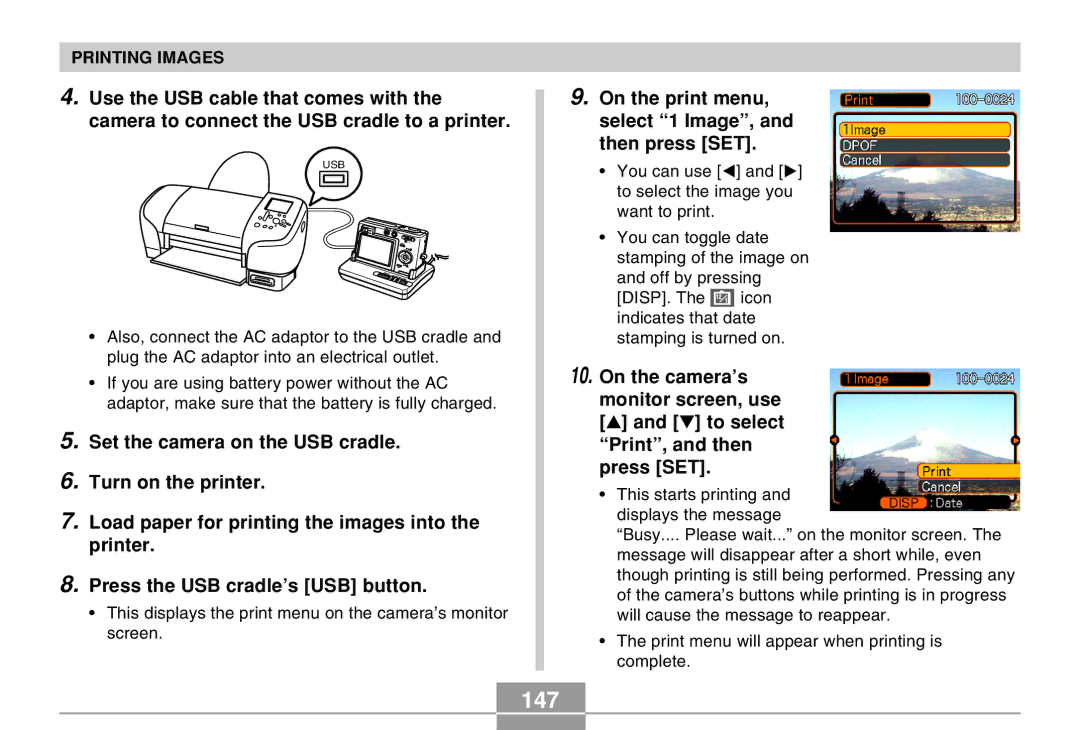 Casio EX-Z30 manual 147, On the print menu, select 1 Image, and then press SET 