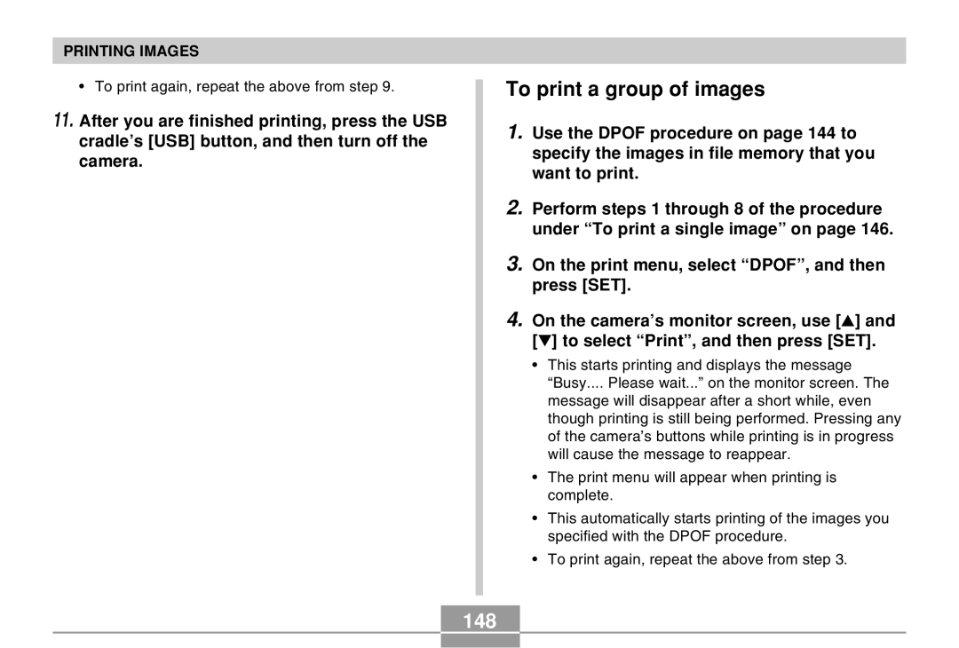 Casio EX-Z30 manual To print a group of images, 148 